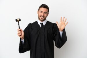 Judge,caucasian,man,isolated,on,white,background,counting,five,with