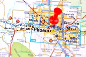 Closeup of phoenix on a map with pin
